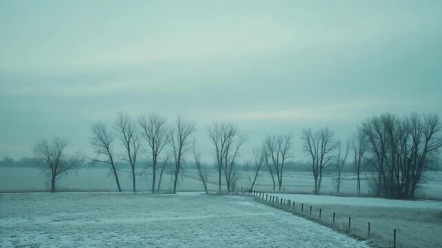 Winter day featuring a line of leafless trees standing alongside a snow covered field under an overcast, muted sky, conveying themes of cold and seasonal change