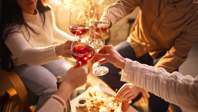 Friends clinking wine glasses during home wine tasting evening. Concept of wine brand promo, beverage marketing, social drinking culture, lifestyle ads, hospitality content and alcohol branding.