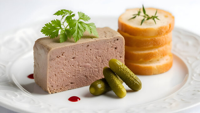 Garnished pt served with toasted bread and pickles on elegant white plate with soft natural lighting