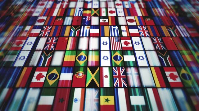 World Countries Flags Design Background
Animation of a design abstract 3d background with international world flags icons mosaic shifting and speed effect along with depth of blur