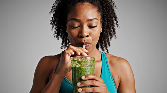 A woman sips a green smoothie through a straw, wearing athletic attire, gray backdrop