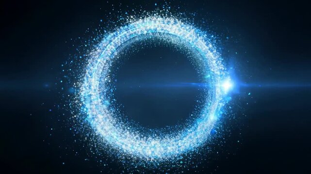 Glowing circular particle ring with blue light trail on dark background representing energy and technology