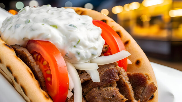 Delicious greek gyro sandwich with grilled meat tomatoes onions and tzatziki sauce on toasted pita bread served on a white plate in a restaurant setting