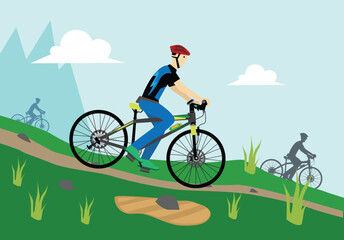 Fototapeta premium Mountain bikers goes down hill. Editable Clip Art.