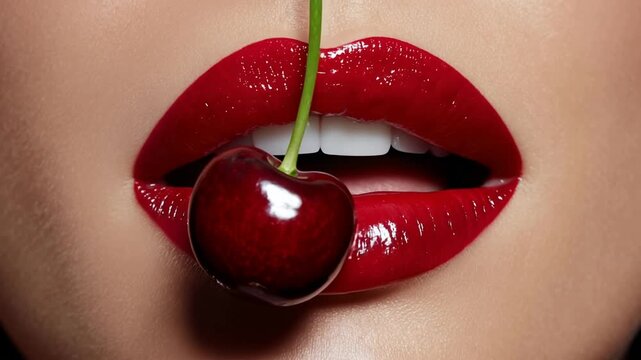 Red lips holding cherry with stem close up symbolizing temptation, sensuality, desire and female beauty

