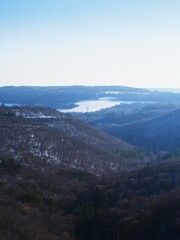 Obraz premium Panoramic Winter Landscape of a Forested Valley with Rolling Hills and Light Snow Coverage under a Hazy Sky
