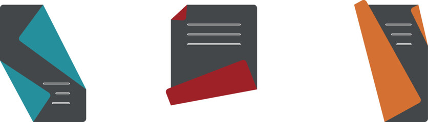 Colored school paper in a fold, office paper with valuable documents, sheets of paper with text, assets and finances, accounting report, vector web icons, printing text on A4 paper.