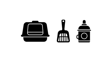 Obraz premium Black icons of cat litter box scoop and spray bottle on white background for pet care and cleaning