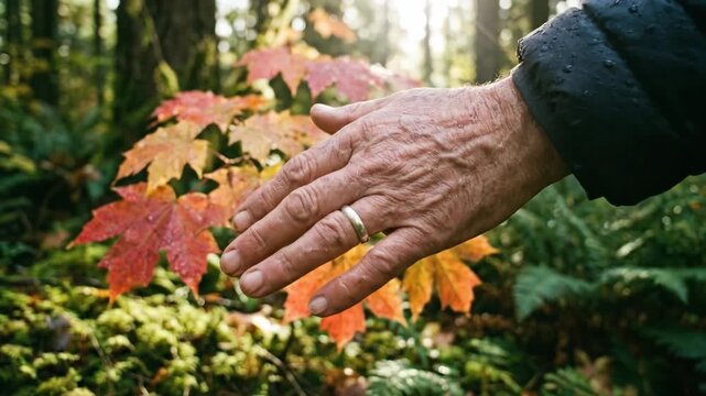Hand of a Caucasian male gently touches vibrant autumn leaves on a small tree in a sunlit forest, showcasing the beauty of nature and seasonal change