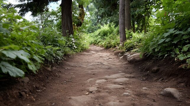 A narrow rocky dirt path winds through a lush green forest offering a scenic journey into nature