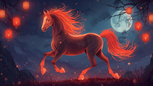 Majestic Horse in Lunar Glow: A captivating depiction of a fiery horse galloping under the soft light of a full moon, its flowing mane and tail ablaze with celestial energy.