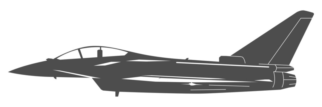 Silhouette eurofighter typhoon military aircraft design from side view. Minimalist vector european fighter jet in black and white color from lateral. Monochrome drawing fourth generation airplane.