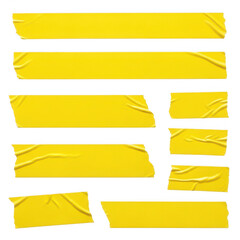 Collection of yellow tape strips in various sizes and shapes isolated on transparent background © Visol Studio