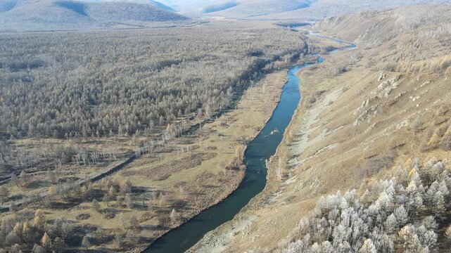 Aerial Forward Push Along Halaha River Through Autumn Forest in Arxan, Inner Mongolia, China