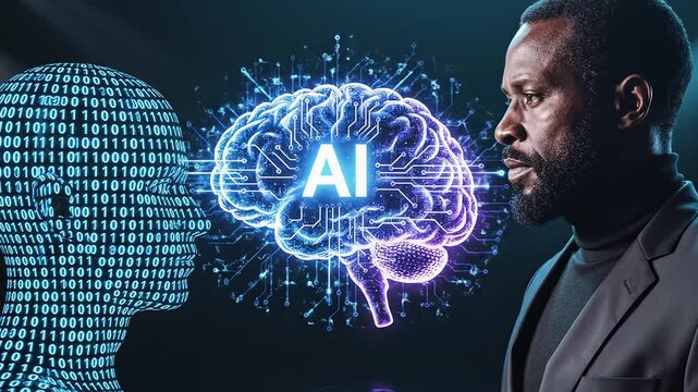 AI brain and human head binary code