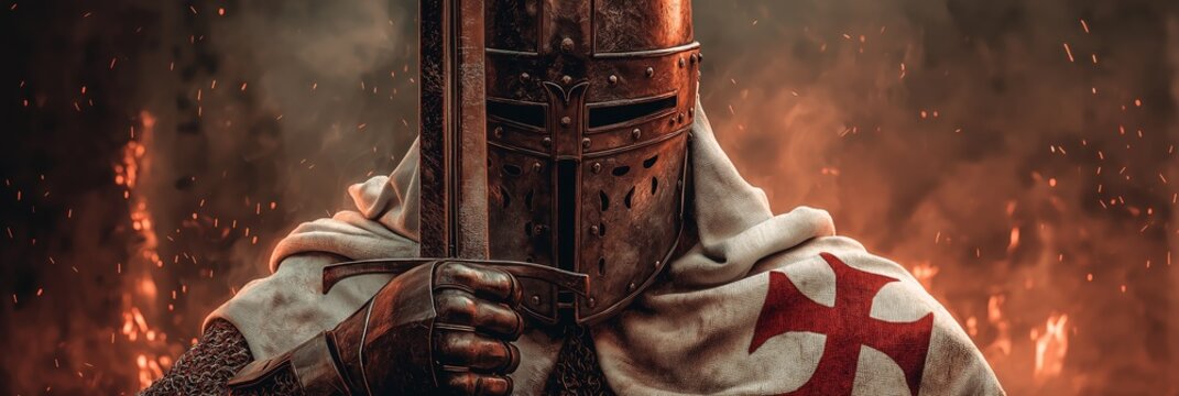 Crusader Knight standing in battle holding sword. Crusader knight in weathered armor holding a sword against a fiery battlefield