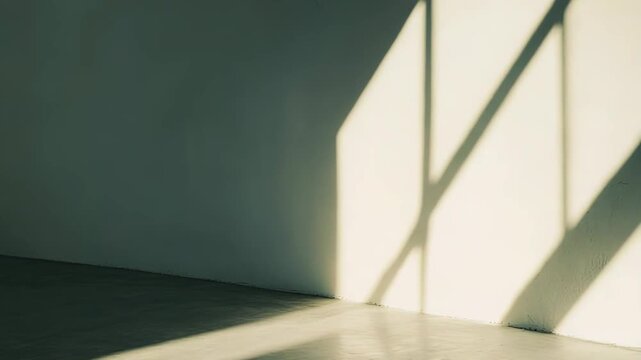 Stark white wall and concrete floor catching bright morning sunlight, creating abstract geometric shadows from a window frame, emphasizing purity, minimalism, and spaciousness