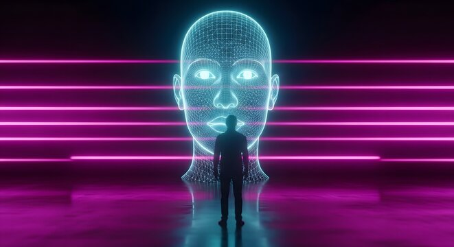 Digital human avatar and artificial intelligence interface. Virtual identity and cyber communication. Man looking at a large glowing wireframe face with horizontal neon lines
