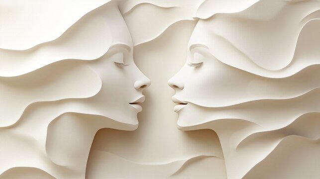 The profiles of two faces merging in harmonious symmetry convey unity and tenderness, which is suitable for an atmospheric background in the design of wedding invitations or psychological articles.