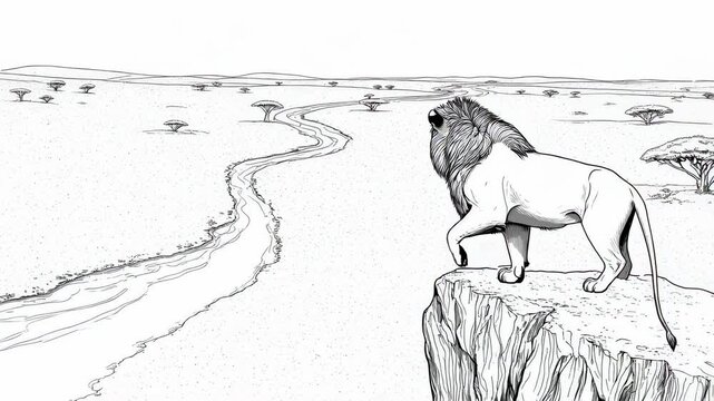 Line Art Illustration of a Majestic Lion Overlooking the African Savannah Landscape