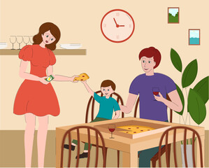 Family eating pizza together. Illustration for pizza day