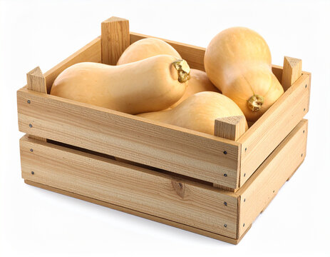Holzkiste mit frischen Butternusskürbisse auf wei&szlig;em Hintergrund
