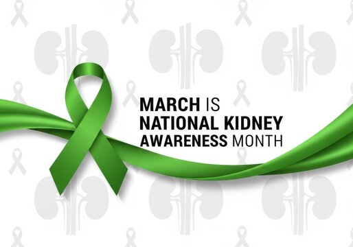 Green ribbon for national kidney awareness month on white background isolated on white background