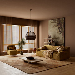 Fototapeta premium Wide angle japandi living room interior with negative space, earthy tones and warm moody lighting for spacious modern luxury design. 3D illustration