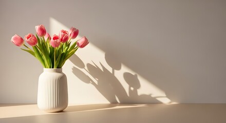 Fototapeta premium Happy mothers day tulips in white vase on table with sunlight and shadows