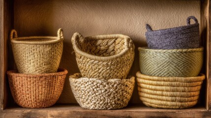 Fototapeta premium A diverse collection of intricately woven natural fiber baskets displayed on a wooden shelf, showcasing artisanal craftsmanship and rustic home decor.