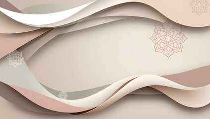 Tranquil Ramadan Scene: Minimalist Abstract Background with Fluid Ribbons and Lantern Silhouettes