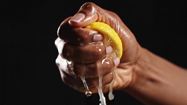 Close-up of a hand squeezing lemon, juice spraying, dark background