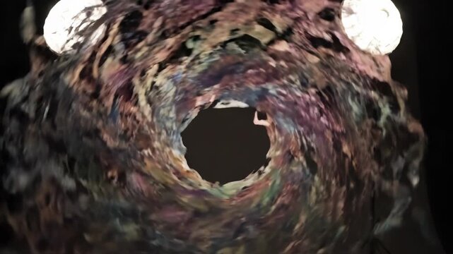 Dramatic tunnel entrance with abstract, swirling patterns and contrasting lighting, viewed from inside, symbolizing mystery and depth.