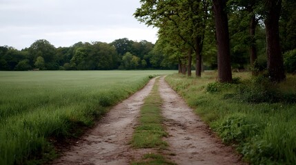 Fototapeta premium A winding dirt path leads through a lush green rural landscape bordered by trees under an overcast sky