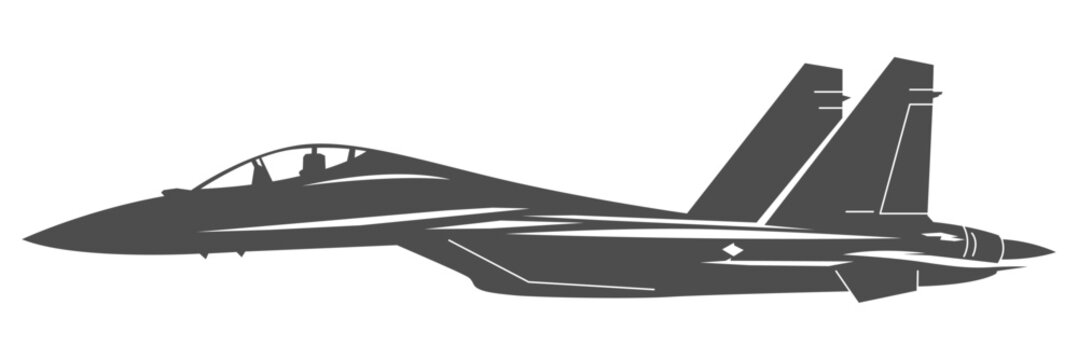 Silhouette SU-30 military aircraft design from side view. Minimalist vector illustrations su30 fighter jet in black and white color from lateral. Monochrome drawing russia fourth generation aircraft.