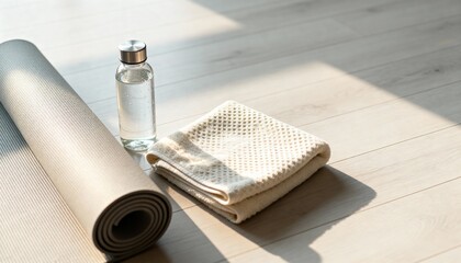 yoga mat, water bottle and towel on a clean floor