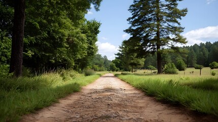 A dirt path winds through a green forest on a sunny summer day