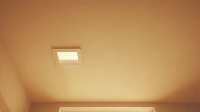 Bright sun shining through a large window and a ceiling fixture illuminates a minimalist room, creating a glowing, comfortable, and airy atmosphere with a warm color palette