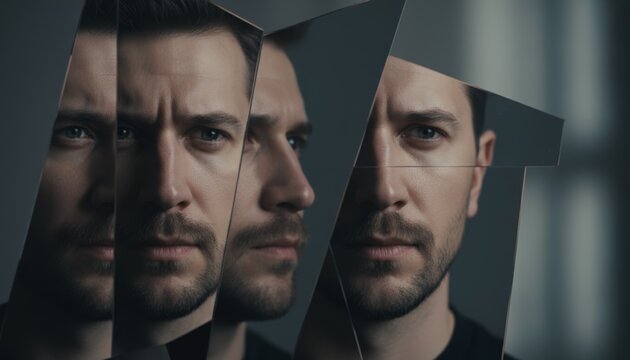 Man's serious face seen through shattered mirror pieces creating multiple reflections, symbolizing a fragmented identity, mental health challenges, or the complexity of self perception