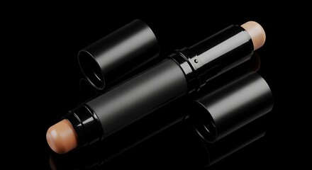 A black makeup stick with its cap removed, isolated on a black background.