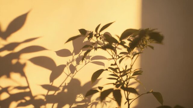 Plant leaves casting organic shadow patterns on a warm earthy wall, minimalist composition with soft golden light and calm negative space for modern home decor or editorial use