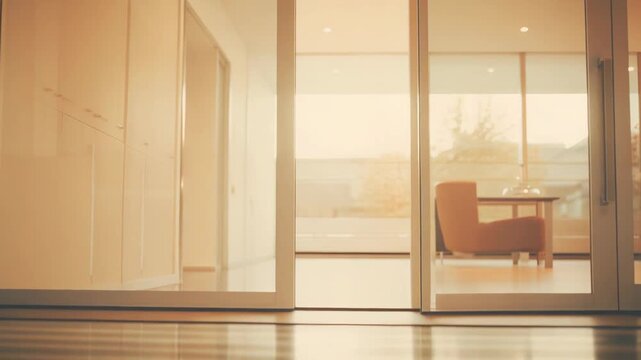 Contemporary interior with sliding glass doors, a bright outdoor view, and polished floor reflecting warm light, creating an open and inviting workspace environment