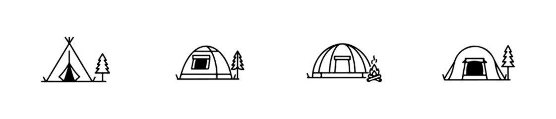 Tent icons in various styles including A-frame, dome, and bell shapes for outdoor and camping themes.