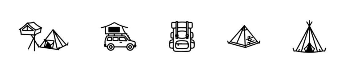 Tent icons in various styles including A-frame, dome, and bell shapes for outdoor and camping themes.