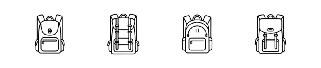 Fototapeta premium Backpack icons in various styles for hiking, school, and travel themes.