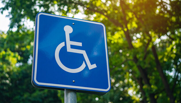 Blue disabled access road sign set against lush green trees, accessibility symbol, public infrastructure