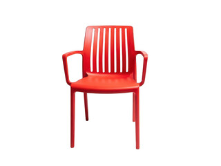 Obraz premium A vibrant red plastic chair with armrests and vertical slats backrest isolated on transparent background