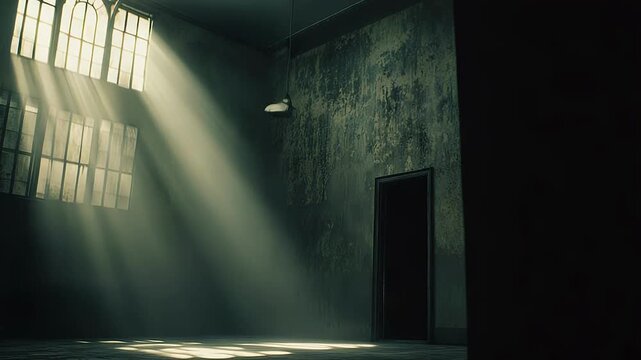Empty room with weathered walls and a dark doorway, featuring dramatic light beams streaming through arched and rectangular windows, creating bright patches on the floor