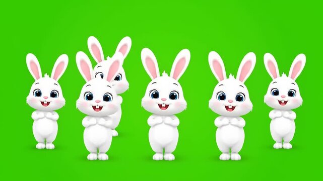 Group of animated cartoon bunnies standing on green background. Adorable, fluffy animals for Easter or spring themed graphics, prints, or web design.
