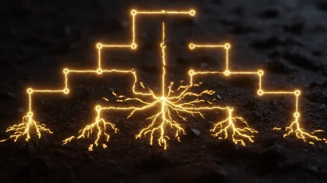 Circuit board roots glowing golden light digital network connection organic technology integration future energy system sustainable innovation concept dark soil background